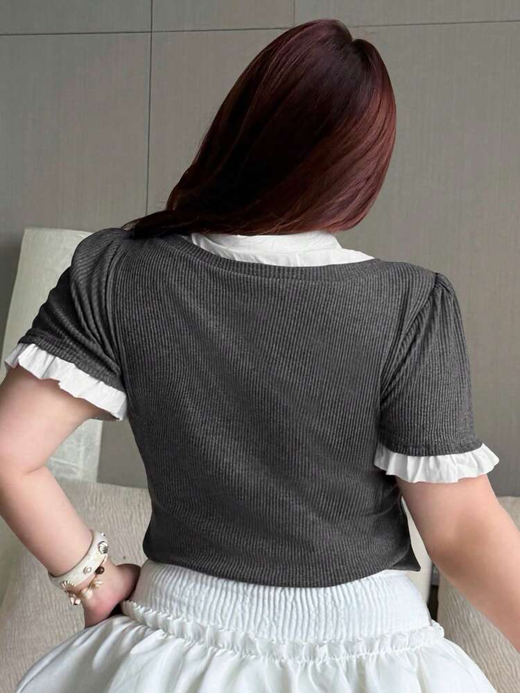 Dazy Plus Collared Color Block Elastic Fitted Casual Short Sleeve Versatile Plus Size Women T-Shirt