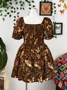 Sunspun Đầm nữ cỡ lớn thanh lịch phong cách retro màu đen in hoa, kiểu bohemian, cổ tròn, dáng chữ A, tay ngắn, viền bèo nhún, thích hợp cho đi chơi hàng ngày, đi học, nghỉ mát, mùa xuân, hè, thu, hoạt động ngoài trời, công sở, Lễ Tạ ơn, ngày lễ, tiệc sinh nhật, lễ hội âm nhạc, Ngày Valentine. - màu nâu - Xem 2