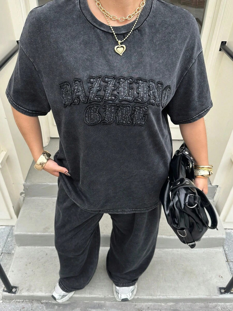 Muchica 2pcs/Set Plus Size Women Embroidered Round Neck Short Sleeve T-Shirt And Casual Loose Leg Pants, Daily Wear - Black - View 1