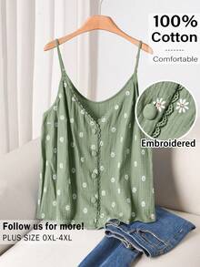 CosyJoli Atasan Wanita Ukuran Plus Berkerut Lucu, Atasan Bordir Bunga, Kamisol Menggemaskan - Olive Green - View 1