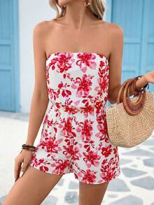 Vivid Eden Women's Casual Elegant Romantic Vacation Printed Bandeau Jumpsuit, Spring/Summer Womens Summer Outfits Floral Playsuit Women Strapless Playsuit Womens Summer Playsuit Women Vacation Outfit,Summer Fresh Red White Floral Print Strapless Romper, Elastic Waist Slim Fit Wide Leg Short Jumpsuit, Vacation Off Shoulder Casual Playsuit, Beach Date Sweet Wear,Made Of Lightweight, Breathable Fabric, It's Ideal For Beach Trips, Daily Outings And Dates - Red and White - View 4