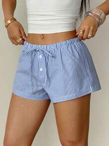 SHEIN PETITE 2 chiếc quần short nữ bằng vải lanh kẻ sọc mới - Nhiều màu - Xem 8