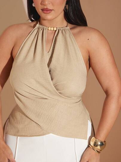 SHEIN BAE Áo tank top không tay dáng suông, thắt eo, cổ yếm, chất liệu vải dệt họa tiết, dành cho nữ, thích hợp mặc mùa xuân/hè.