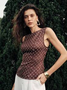 Lumivelle 波点图案露背系带蝴蝶结无袖上衣，优雅休闲性感简约办公室商务女装，春夏款 - 巧克力棕 - 查看 6