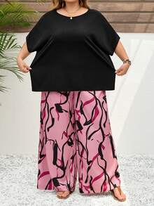 SHEIN CURVE+ Curve 尺码 US22 音乐节、海滨度假、波西米亚风两件套女士度假宽松衬衫和碎花长裤套装 夏季套装 - 彩色 - 查看 5