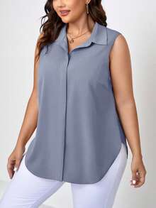 SHEIN Clasi Plus Size Solid Color Asymmetric Hem Sleeveless Button-Up Shirt - Dusty Blue - View 1