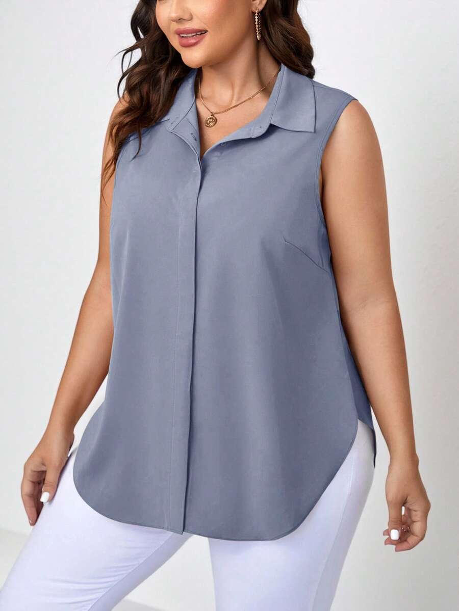 SHEIN Clasi Plus Size Solid Color Asymmetric Hem Sleeveless Button-Up Shirt - Dusty Blue - View 1