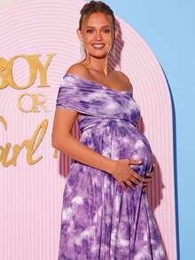 Loomaby Maternity All-Over Print Ruched Off Shoulder Short Sleeve Dress - Purple - View 7