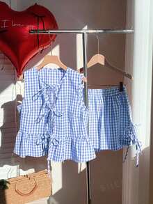 Comfortcana Conjunto de 2 piezas de camiseta de tirantes y pantalones cortos a cuadros azules para mujer, para el Día de San Valentín - Azul - Ver 5