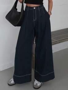 Quần jeans nữ ống rộng có túi, dáng suông, đa năng. - Màu xanh lam - Xem 1