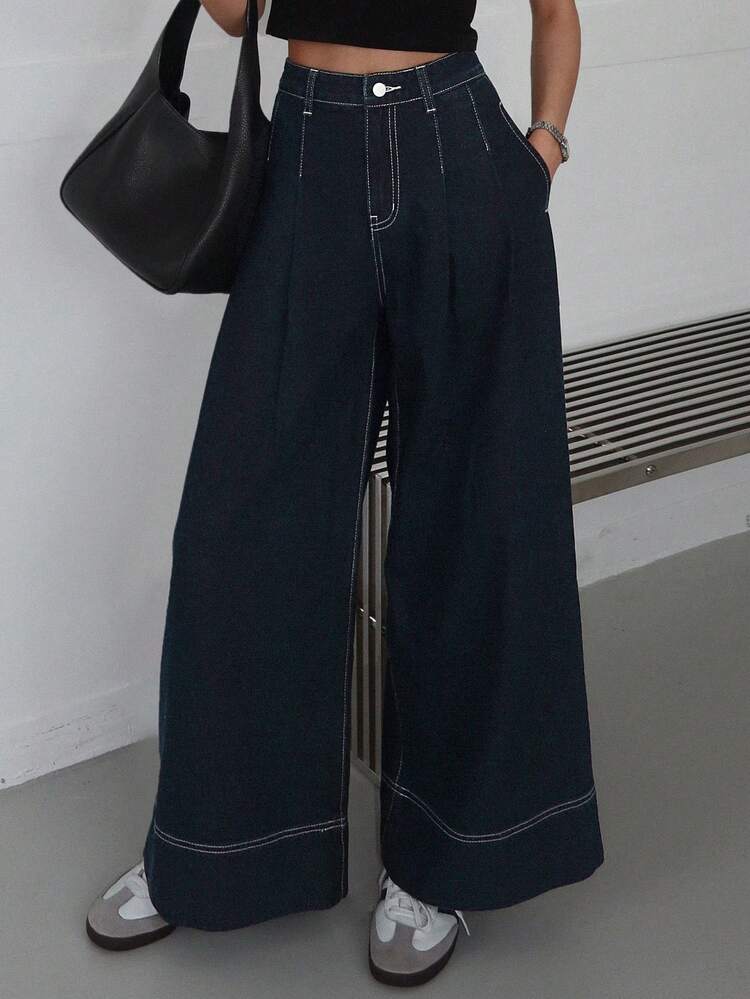 Women's Pocketed Wide Leg Loose Casual Versatile Jeans