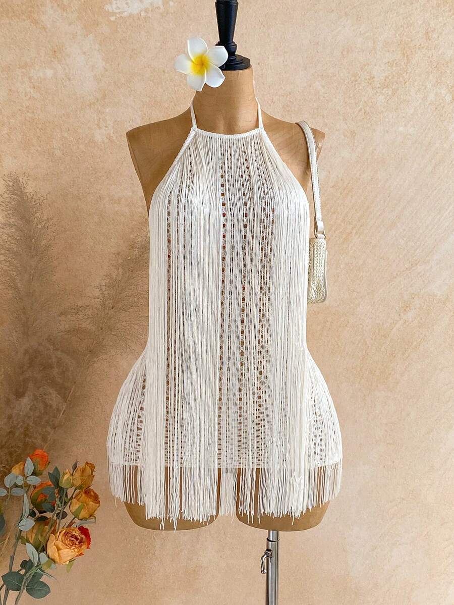 Soleia 春夏新款休闲度假西部海滩婚礼宾客礼服毕业早午餐圣帕特里克节春假复活节音乐节优雅波西米亚热带露背流苏吊带迷你连衣裙，适合情人节约会、派对等场合 - 白色 - 查看 1