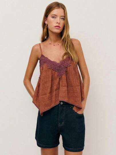 Nöista Camisole Top With A Navy Lace Trim Along The Neckline And Hem, Adjustables Straps On Back. Spring, Summer, Boho, Festival, Woman.