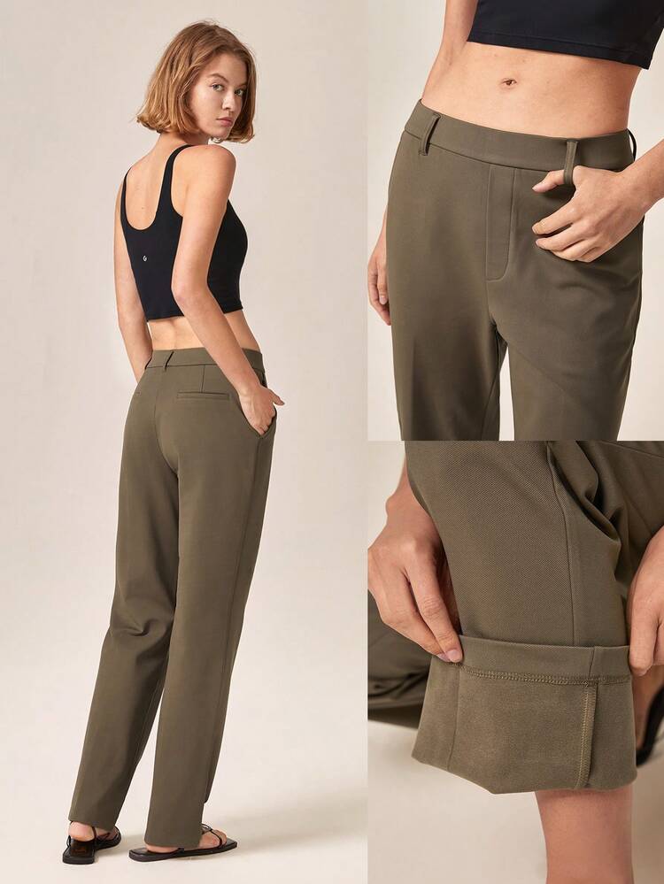 Pantalón recto de trabajo versátil de 29" de resiste a las arrugas, elástico y cálido, de fácil puesta, con bolsillos laterales, para uso diario, casual y de oficina, apto para otoño e invierno