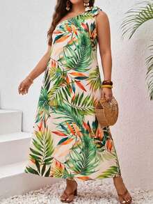 SHEIN VCAY 大码女式热带植物印花无袖系带连衣裙，休闲度假款 - 綠色 - 查看 4