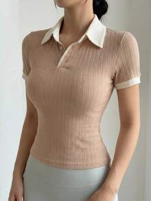 Joudiya Ladies' Color Block Trim Polo Neck T-Shirt Summer,Crop Tops Women - Khaki - View 13