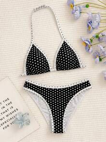 SHEIN Teen Girls Vintage Floral Print Spaghetti Strap Bikini Set, Summer Beach Outfit Apricot Knitted Texture Shell Decor Halter Neck Stitch Triangle Bikini Set, Summer Beach Bathing Suit - Multicolor - View 10