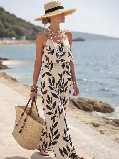 Breezaya Französischer romantischer Schwarz-Weiß Blätter-Muster Set, doppellagiges Träger-Top + Hose mit hoher Taille und weitem Bein, botanischer Muster Casual 2 Stücke Outfit