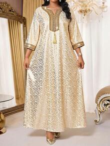 SHEIN Lady 大码女式缎带饰边印花七分袖宽松优雅连衣裙 - 金色 - 查看 7