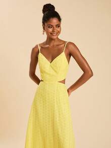 Travachic Đầm nghỉ mát màu vàng thêu họa tiết, khoét eo, dành cho nữ, đầm midi vàng chanh, đầm màu vàng bơ, đầm midi có họa tiết, đầm dài jacquard thanh lịch thắt eo. - Màu vàng - Xem 7