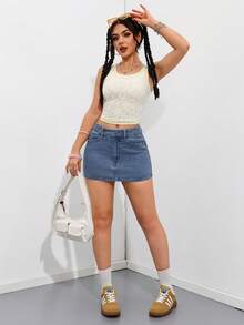SHEIN PETITE تنورة جينز كاجوال متعددة الاستخدامات للنساء مع جيوب ، للنساء الصغيرات - أزرق متوسط - مشاهدة 6