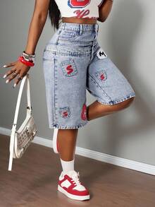 Slaydiva New Women's Denim Mid-Length Shorts, Loose Straight Leg, Bermuda Casual, Washed, High-Waisted, Letter Embroidered Denim Shorts, Y2K Apparel, 2000s Patchwork Denim Women's Wear, Loose Fit Jeans, Patterned Loose Fit Jeans, Women's Work Shorts Festival Y2k  Country Concert Outfit  Y2k Clothes 2000s Patch Denim For Women Women Baggy Jean Baggy Jeans With Designs Women S Work Shorts - Light Wash - View 4