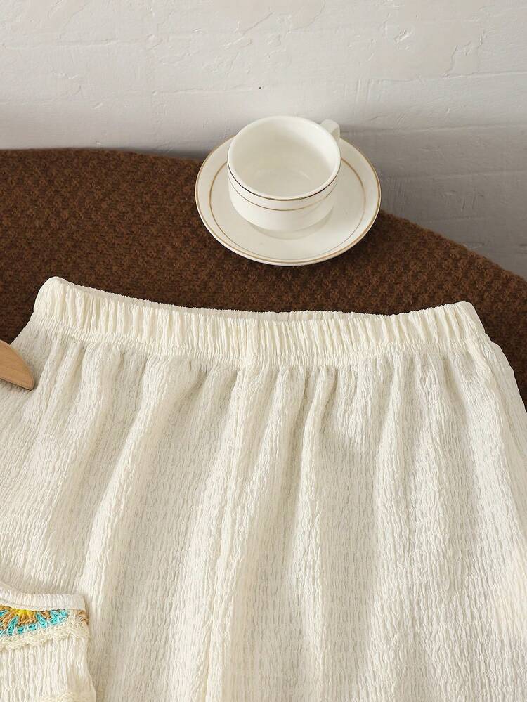 SHEIN Bộ đồ thể thao mùa hè dành cho bé gái, gồm áo hai dây không tay dáng ngắn, họa tiết kẻ sọc, viền ren móc và quần ống rộng cạp chun, thích hợp cho kỳ nghỉ hè. - Màu Khaki - Xem 3