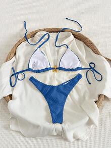 Swim Vcay Bộ bikini tam giác phong cách Boho 2 mảnh của Swim Vacay, màu trắng kem trơn, chất liệu vải dệt họa tiết, dây đeo có thể điều chỉnh, quần cạp cao xếp ly, chất liệu jacquard đặc biệt và họa tiết sao biển kim loại trang trí, đồ bơi sang trọng, thời trang và gợi cảm cho kỳ nghỉ hè, trang phục dành cho nữ. - Màu xanh lam - Xem 2