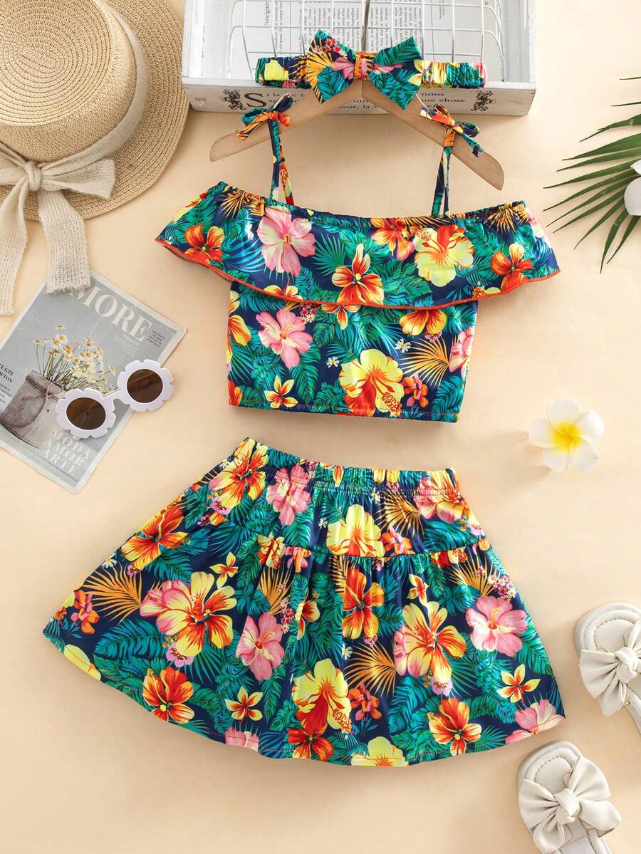 SHEIN Playful Pals 夏季少女碎花露肩上衣和A字裙两件套，时尚度假风 - 彩色 - 查看 1
