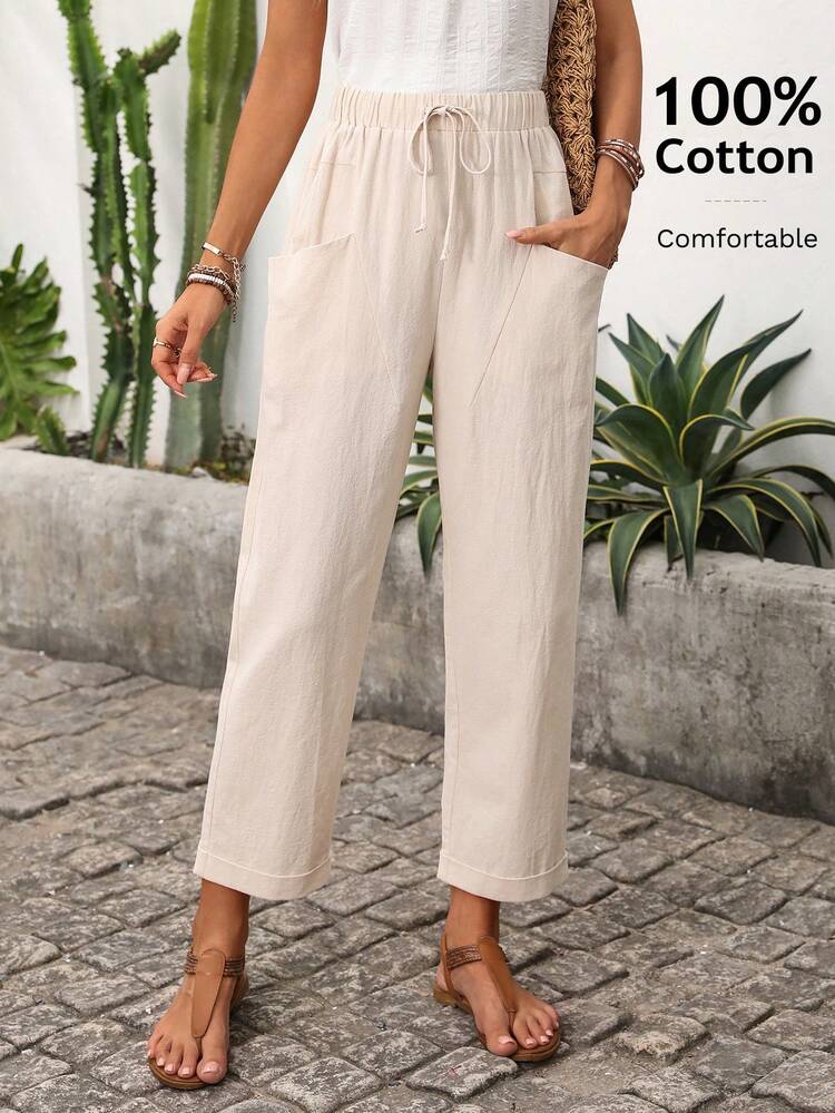 Women's Casual Solid Color Drawstring Waist Tapered Pants Cotton Trousers For Women