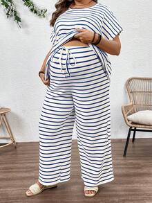 Plussiva Bộ đồ bầu cỡ lớn gồm áo thun ngắn tay kẻ sọc và quần ống rộng, kiểu dáng thường ngày, gồm 2 món. - Màu xanh lam - Xem 5