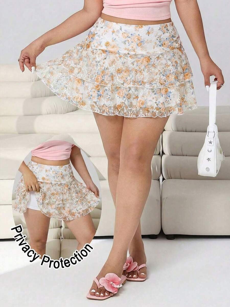 Solflare Falda casual de cintura alta con estampado floral para mujer de talla grande, primavera/verano - amarillo ganso - Ver 1