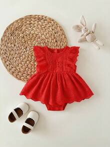 Newborn Baby Girl Cute Vacation Casual White Embroidered Floral Ruffle Romper - Red - View 6