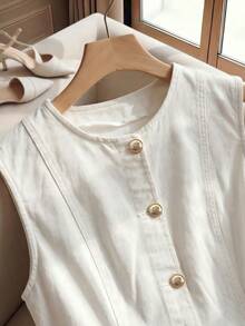 SHEIN MOD Women's Round Neck Metal Single-Breasted Sleeveless White Denim Dress,White Gold,Summmer,Elegant,Brunch,Wedding Guest Graduation Party Outfit Dresses - White - View 3