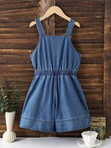 少女休闲牛仔背带裤和连体裤，新款简约百搭破洞浅蓝色水洗牛仔背带短裤 - 藍色 - 查看 4
