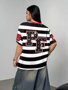 Paul Frank X SHEIN Plus Size Summer Casual Striped Letter & Cartoon Print Crew Neck Short Sleeve T-Shirt - White - View 2