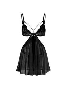 ROMWE Women's Gothic Sexy Sheer Lace Nightgown And Thong Set - Black - View 2