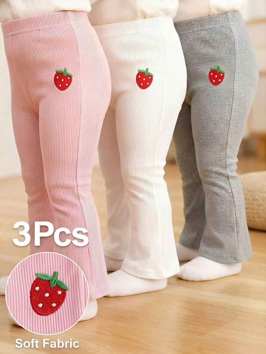 SHEIN 3件套婴儿/女婴纯色针织喇叭裤，松紧腰休闲日常打底裤，饰有可爱爱心印花，适合春/夏/秋季穿着 - 彩色 - 查看 1