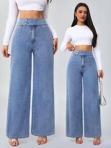 SHEIN Tall 女款牛仔裤高腰休闲宽松阔腿裤蓝色款直筒裤高腰女式牛仔裤 - 中等水洗藍 - 查看 10