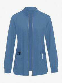 TaskEZ Solid Color Multi-Pocket Long Sleeve Scrub Jacket - Blue - View 1