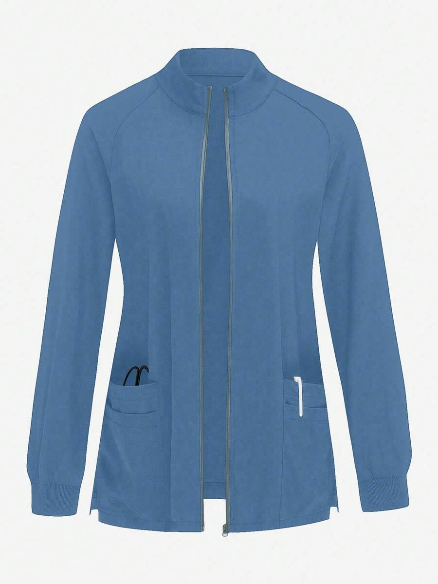 TaskEZ Solid Color Multi-Pocket Long Sleeve Scrub Jacket - Blue - View 1