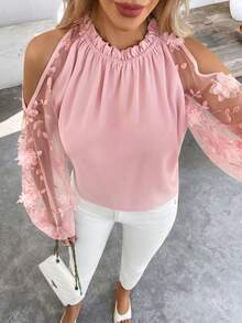 SHEIN Clasi 女士优雅度假风拼接刺绣网纱灯笼袖褶皱宽松上衣，适合春、夏、秋季穿着 - 粉色 - 查看 7