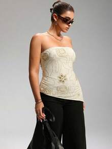 LYSMO Atasan Tube Top Wanita Ukuran Plus untuk Musim Panas dengan Hiasan Bunga dan Manik-manik serta Hem Asimetris - Khaki - View 4