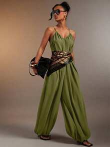 Hauture Women's Sexy Cami Sleeveless Side Ruched And Drawstring Hem Jumpsuit - Army Green - View 6