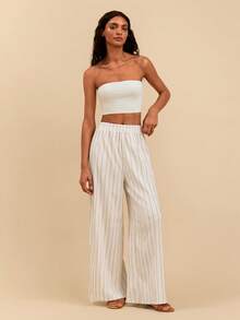 Travachic Quần ống rộng dáng suông, cạp chun, họa tiết kẻ sọc, thích hợp mặc đi nghỉ mát và đi làm, dành cho nữ. - Màu be - Xem 3