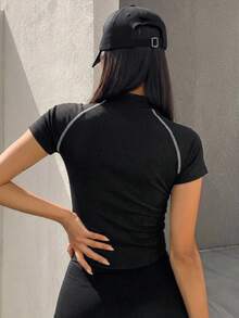 DAZY Women's Contrast Trim Zipper Fitted Short Sleeve T-Shirt, Summer - Black - View 5