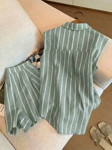 INAWLY Bộ đồ nữ thường ngày phong cách đi nghỉ mát và đi làm, gồm áo không tay dáng rộng in sọc và quần short xếp ly, thích hợp cho mùa hè. - xanh quân đội - Xem 2