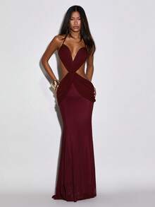 Normani Deep Burgundy Summer 70s Dress For Women,Knitted Patchwork Mesh Club Night Party Gown,Vintage 2000s Y2k 90S Rave Outfits,Elegant Prom Evening Dresses - Burgundy - View 5
