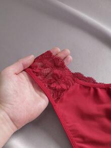 EmpressEnvy 1件酒红色女士缎面蕾丝边内裤 - 酒紅色 - 查看 4