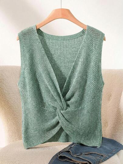 CosyJoli Áo tank top dệt kim không tay kiểu thắt nút xoắn, cỡ lớn, phong cách thường ngày